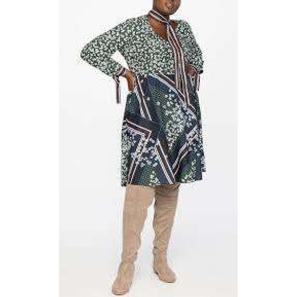 Eloquii 16 Floral Tie Neck Patchwork Dress Boho Whimsy Teacher Office Secretary - Picture 1 of 7